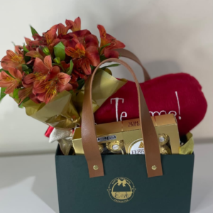 Cesta maleta chocolate com flor astromelia